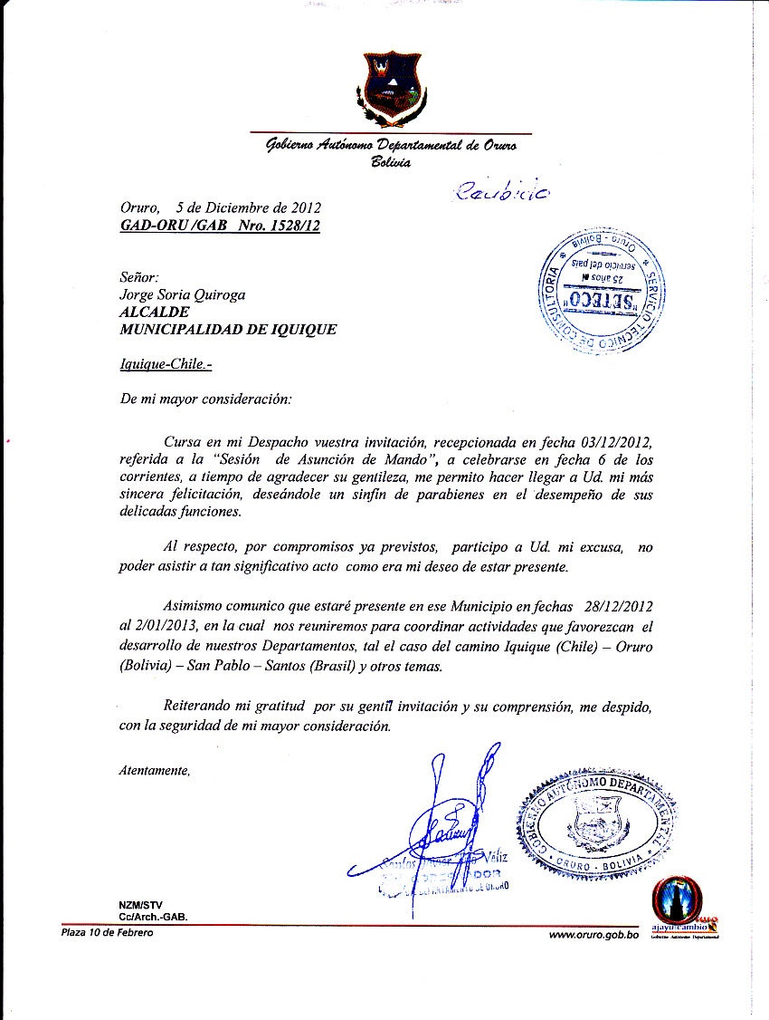 Gobernador de Oruro confirma que vendrá a Iquique para trabajar por Integración