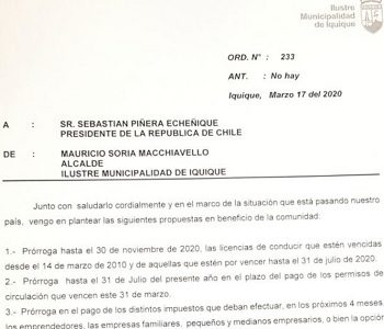 Mediante carta, Alcalde Soria pide al Presidente prórrogas para pagos de contribuciones y otras solicitudes, en  contexto de emergencia sanitaria