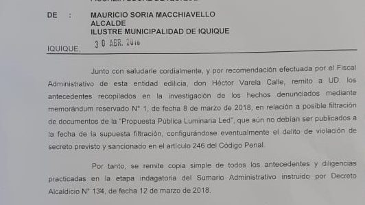 Alcalde Soria ofició el 2018 a Fiscalía y entregó todos los antecedentes sobre sumario administrativo de proyecto de Luces Led
