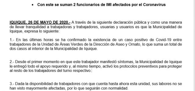 Funcionario de Áreas Verdes, resultó positivo para coronavirus, reportó Municipalidad de Iquique