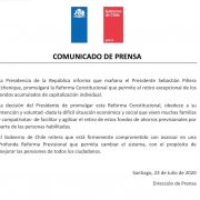Presidente Piñera no presentará veto y promulgará reforma constitucional que permite el retiro del 10% de los fondos de las AFP.