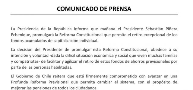 Presidente Piñera no presentará veto y promulgará reforma constitucional que permite el retiro del 10% de los fondos de las AFP.
