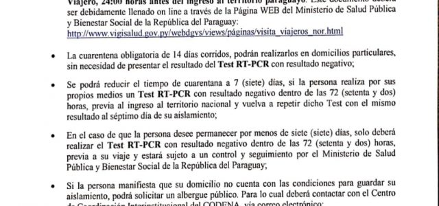 Paraguay regula ingreso de sus connacionales y extranjeros al momento de ingresar a territorio paraguayo