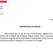 Primera baja del Gobierno en la región luego de renuncia del Coordinador Regional de Seguridad Pública de Tarapacá.