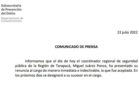 Primera baja del Gobierno en la región luego de renuncia del Coordinador Regional de Seguridad Pública de Tarapacá.