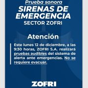 ZOFRI efectuará pruebas sonoras al sistema de sirenas de emergencia. No se requiere evacuación