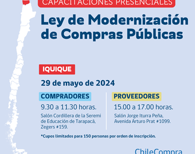ChileCompra capacitará a compradores y proveedores de Tarapacá sobre cambios en la nueva ley del sistema de compras públicas