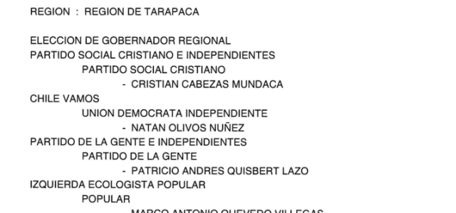 SERVEL publicó listado de candidaturas aceptadas y rechazadas. Seis son los candidatos que disputarán la testera del gobierno regional de Tarapacá.
