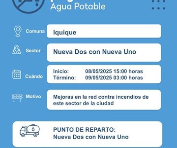 Por mejoras en la red contra incendios, Aguas del Altiplano realizará corte programado de suministro en el sector sur de Iquique