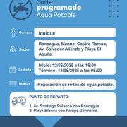 Anuncian corte de Aguas en Iquique y Alto Hospicio por realización de trabajos de mejora en la red de agua  potable en ambas comunas