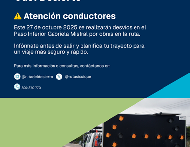 Entre el 27 de octubre y diciembre de este año, se realizarán obras de reparación estructural, en el Paso Inferior «Gabriela Mistral», Ruta 16, Alto Hospicio