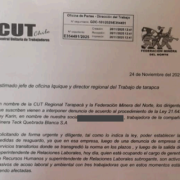 La Cut Tarapacá junto a la Federación Minera del Norte ingresaron denuncia por violación a la Ley Karin, contra empresa  minera