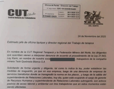 La Cut Tarapacá junto a la Federación Minera del Norte ingresaron denuncia por violación a la Ley Karin, contra empresa  minera